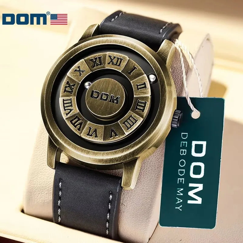 DOM 1345 Men Quartz Watch Black Creative Retro Bronze Scrolling Iron Ball Magnetic Pointer Waterproof Watches for Male Gift