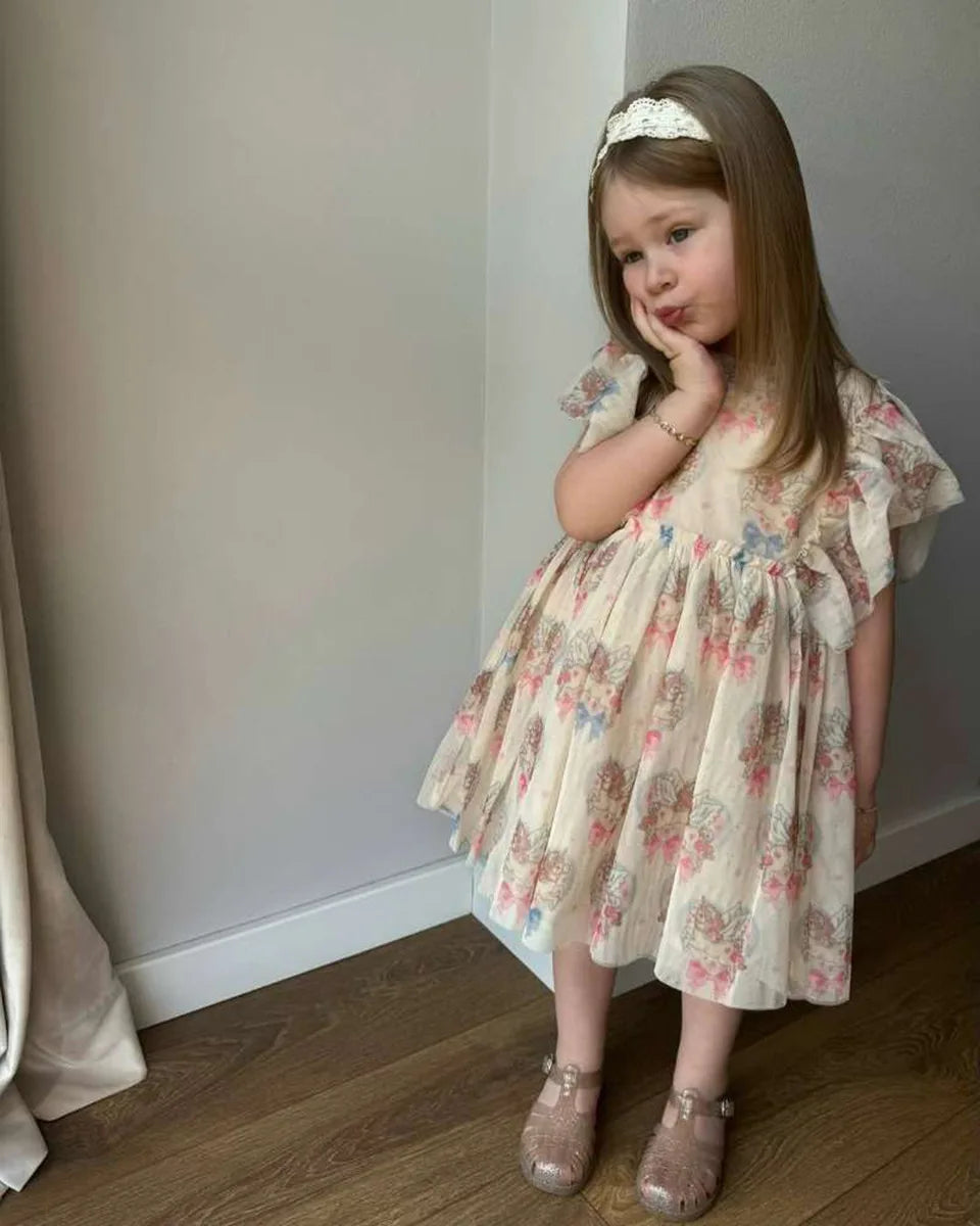 2025 Summer New Fashionable Versatile Cute Kids Dress with Rose and Big Bow Tulle Skirt Baby Girl Skirt Girl Dress