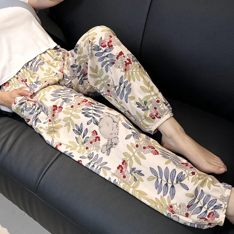 Cool Summer New Silk Cotton Spwear Loose Women's Wide Leg Pants Home Wear Floral Print Heat Resistant Comfortable Casual T...