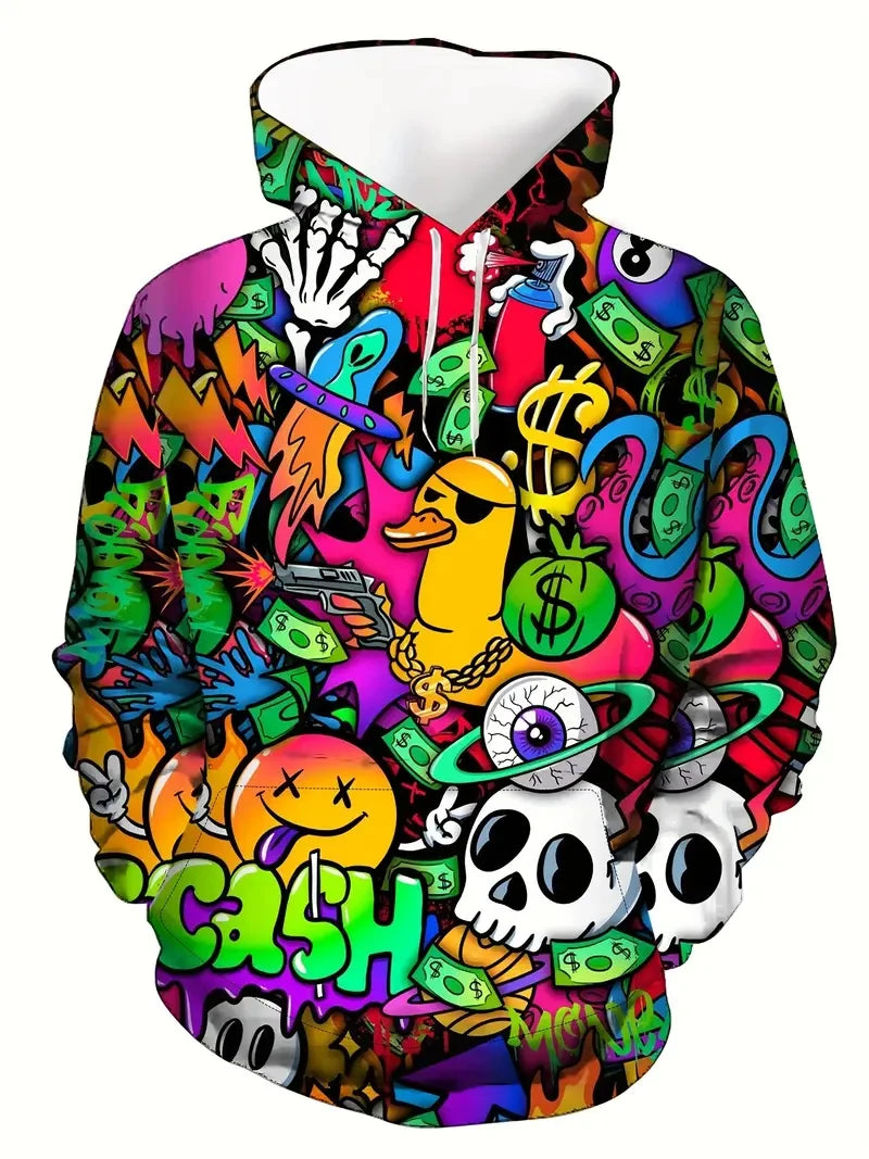 Colorful Cartoon Pattern Hoodies For Men Fun Anime Letter Ooops 3D Printed Sweatshirts Casual Long Sleeves Pullover Unisex Tops