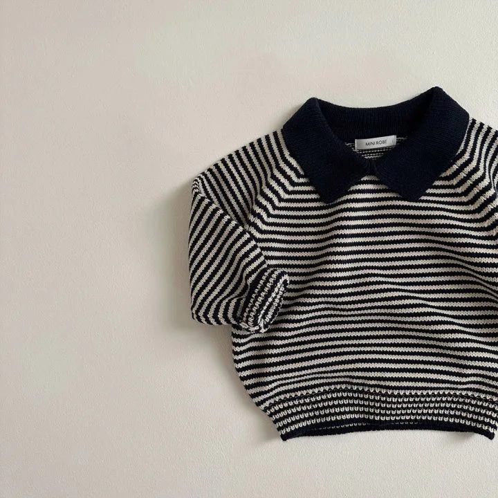 Kids Boys Girls Vintage Striped Lapel Sweater Cotton Baby Casual Polo Shirts 2025 Autumn New Children Long Sleeve Knit Sweater