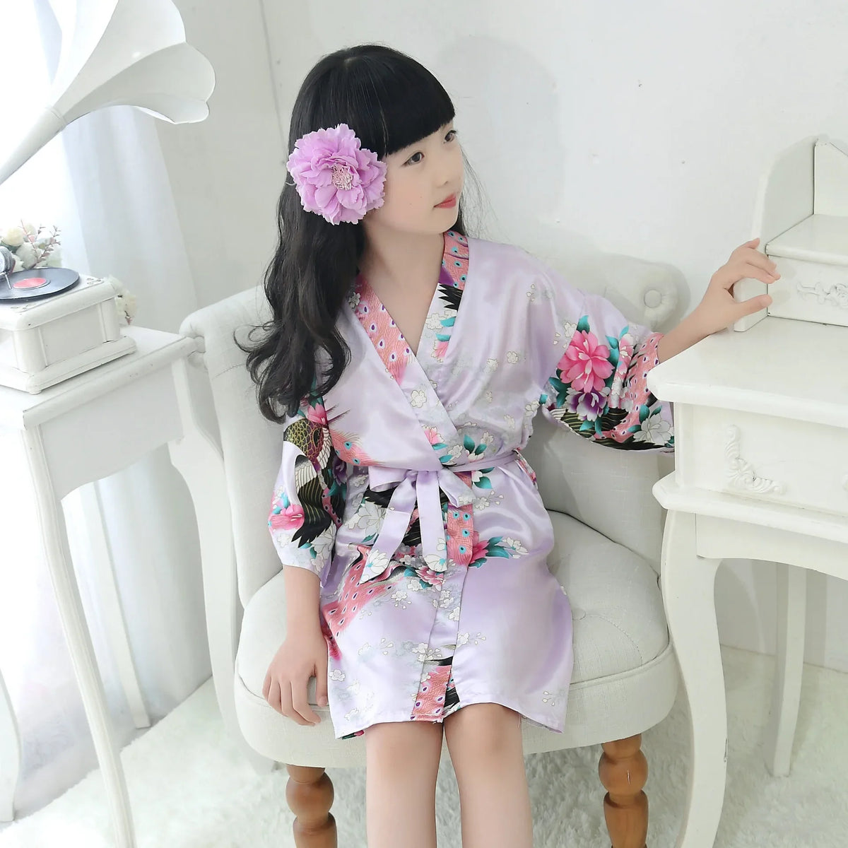 Kids Satin Floral Kimono Robe Flower Girl Peacock Bath Robes for Wedding Spa Party Gifts Bridal Lingerie Sleepwear Bathrobe