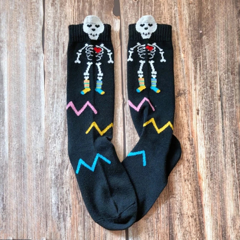 Halloween Socks for Kids Skeleton Skull Print Knee High Socks Black Boys Girls Bones Spooky Gift Ideas Carnival Theme Party
