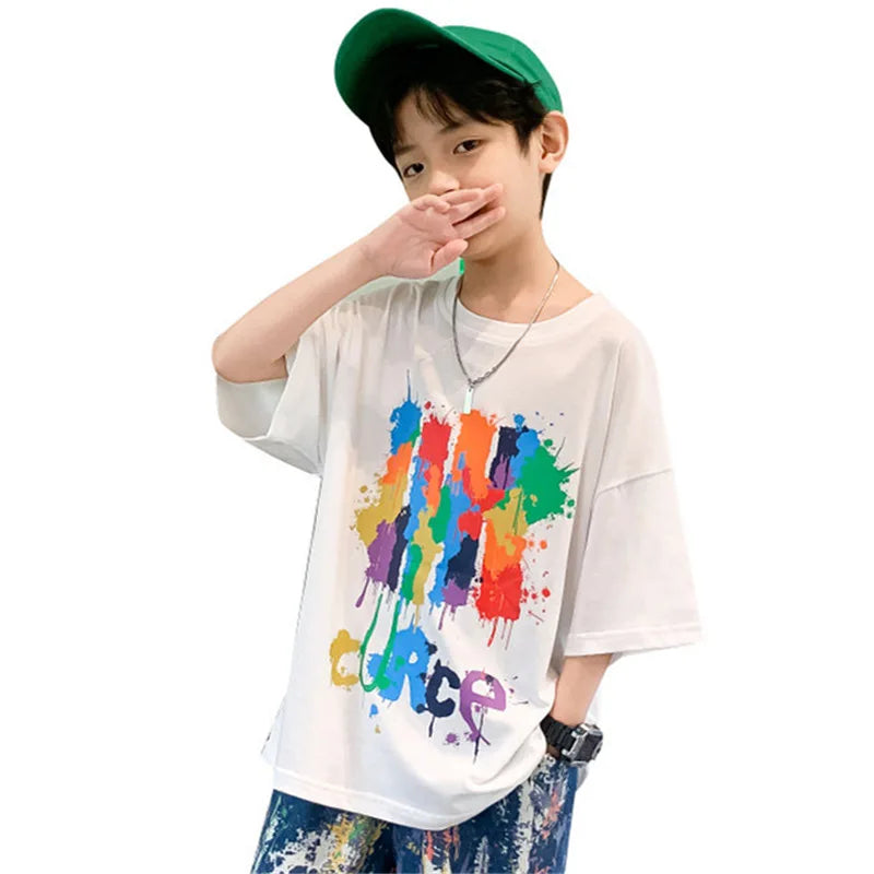 New Arrivals Tshirts for Boys Kid Korean Casual Painting Print Graffiti Pattern Children's Clothes Cotton Loose Student T-Shirts