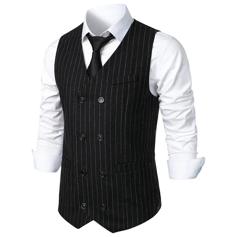 #4840 Black Gray Brown Split Joint Men's Vest Vertrical Striped Blazer Vest Double Breasted Waistcoat Slim Vintage Sleeveless