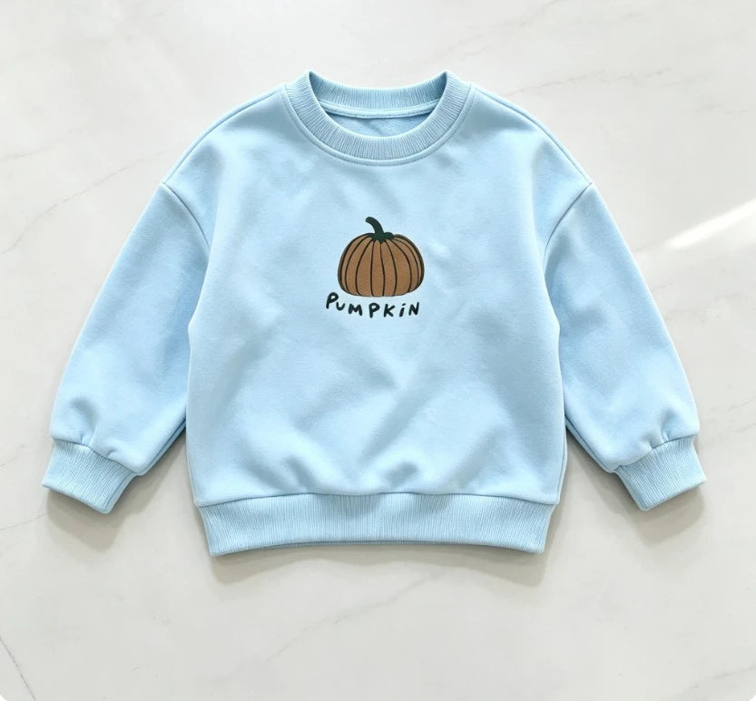 Kids Crew Neck Sweatshirt Cute Pumpkin Print Long Sleeve Pullover Top Soft Cotton Casual Children Autumn Basic Wear Clothing Top