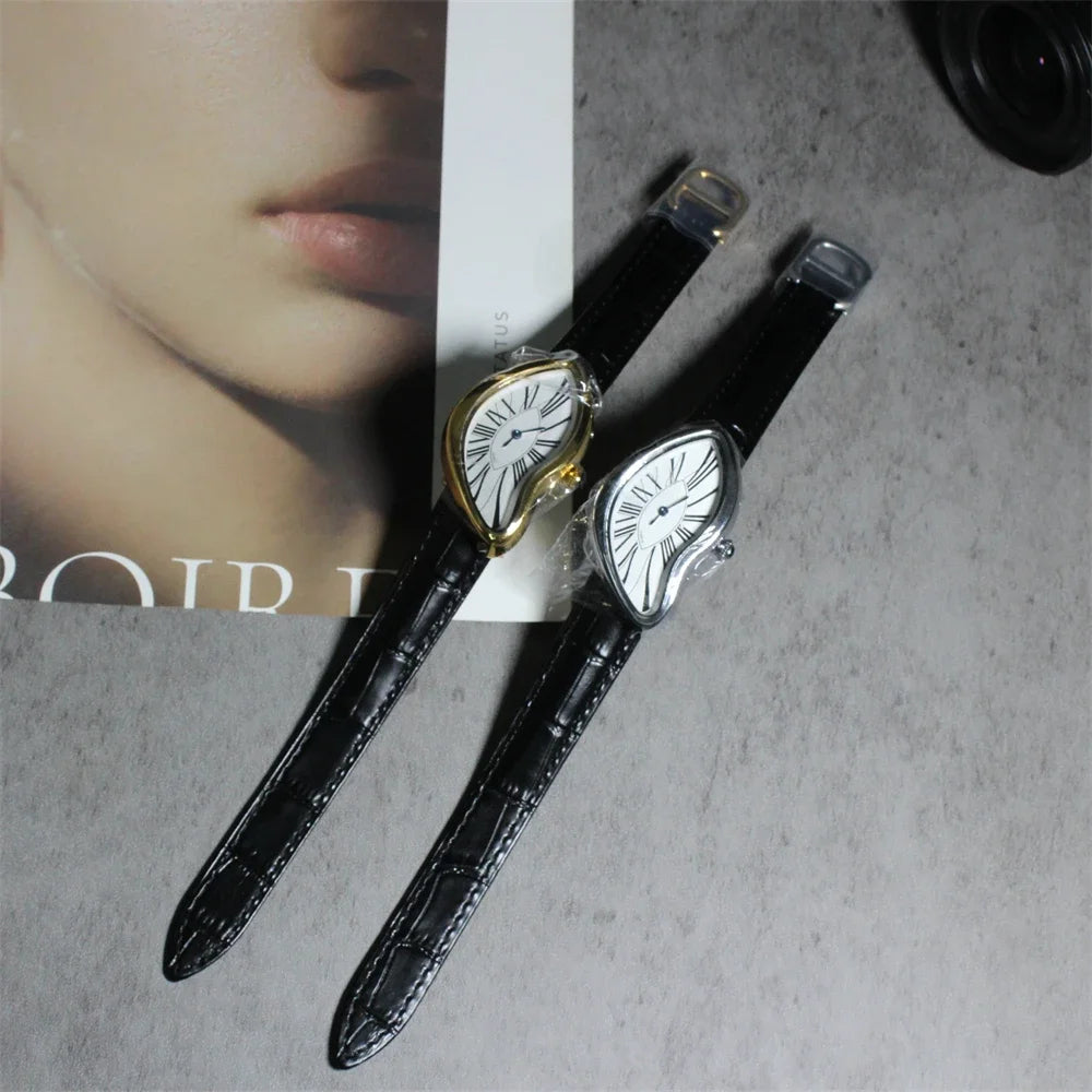 New Medieval Alien Watches Melt and Twist Y2K Alien Ladies and Men Leather Strap Fashion Advanced Ins niche Design Quartz Watch