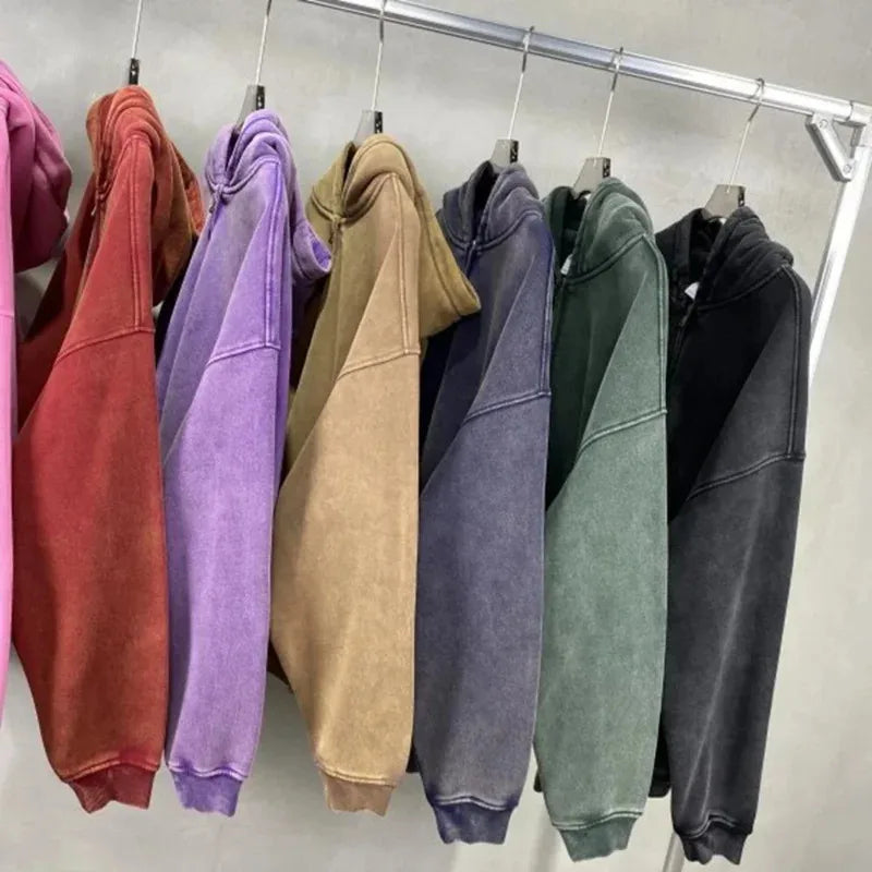 DAVIDSHAO Hoodies Oversized Unisex Acid Wash Hoodie EU US Size 350g Heavyweight Fleece Vintage Sweatshirt Men Women Streetwear