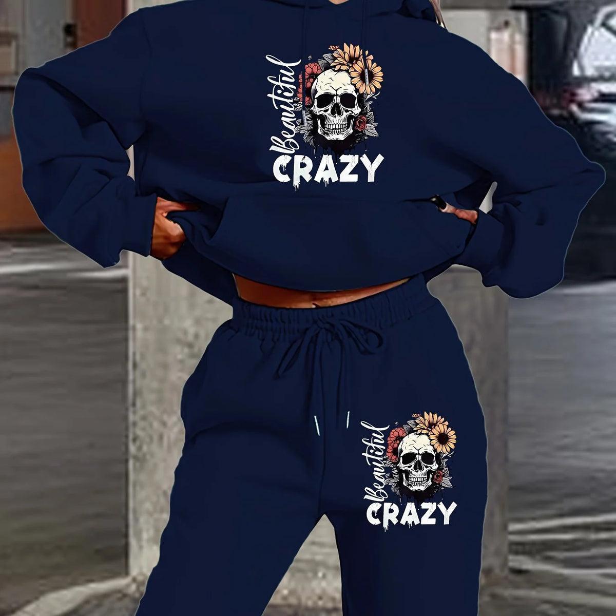 Women's Hoodie+Sports Pants Set Hip Hop Street Casual Skull Letter Printed Hoodie Loose Sports Shirt Autumn Warm Wool Clothing