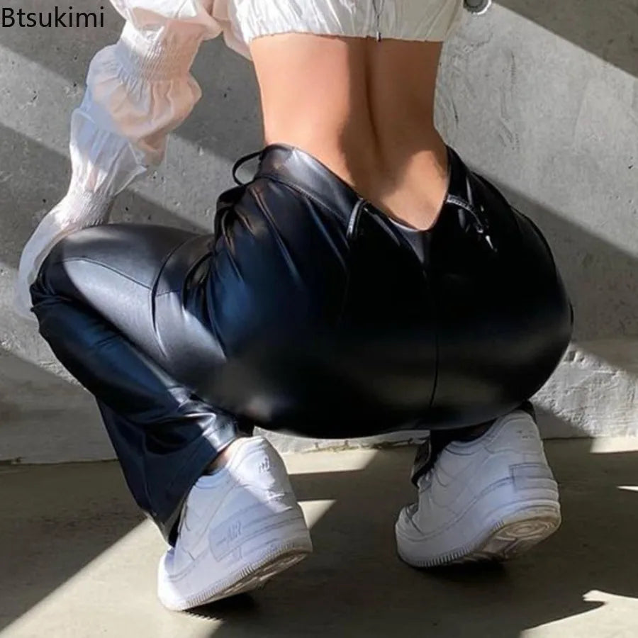 Women's Leather Pants New Fashion Sexy PU Flared Pants Y2k Clothes Female Button High Waisted Night Club Outfits Casual Trousers