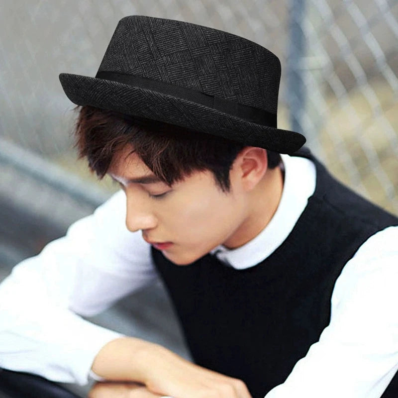 New Autumn and Winter Hats for Men British Retro Jazz Hats Round-Top Small Top Hats Women's Classic Plaid Gentleman-Style Hats