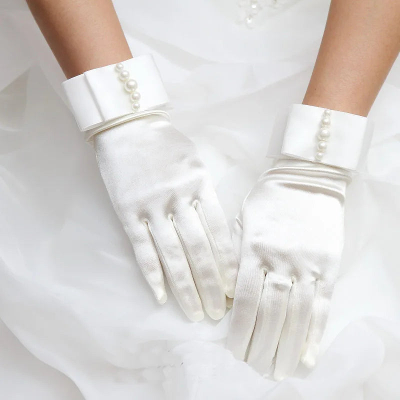 Women Girl White Prom Pageant Wrist Brides Satin Short Bow Gloves Bead Party Communion Wedding Evening Halloween Costume Cosplay