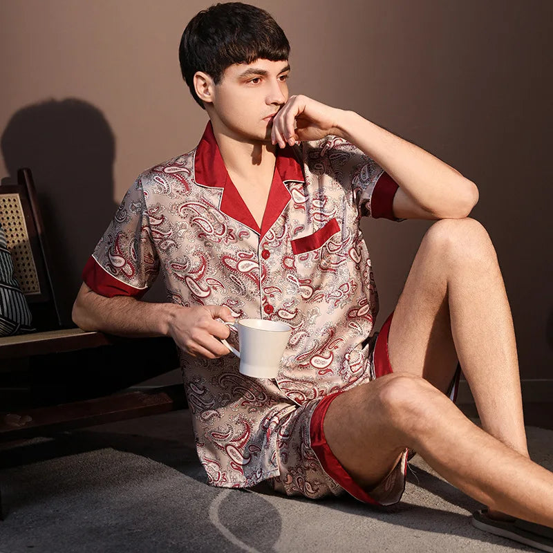 High Quality Men Pajamas Suit Spring Fall Ice Silk High-end Long-sleeved Sleepwear Set Female Ethnic Style Large Size Loungewear