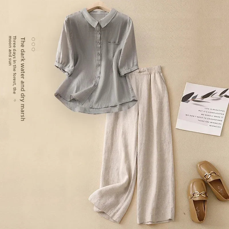 Large Size Summer Cotton Linen Set for Mom Casual Faionable Belly Covering Two Piece Suit ort Sve  Collar Button up