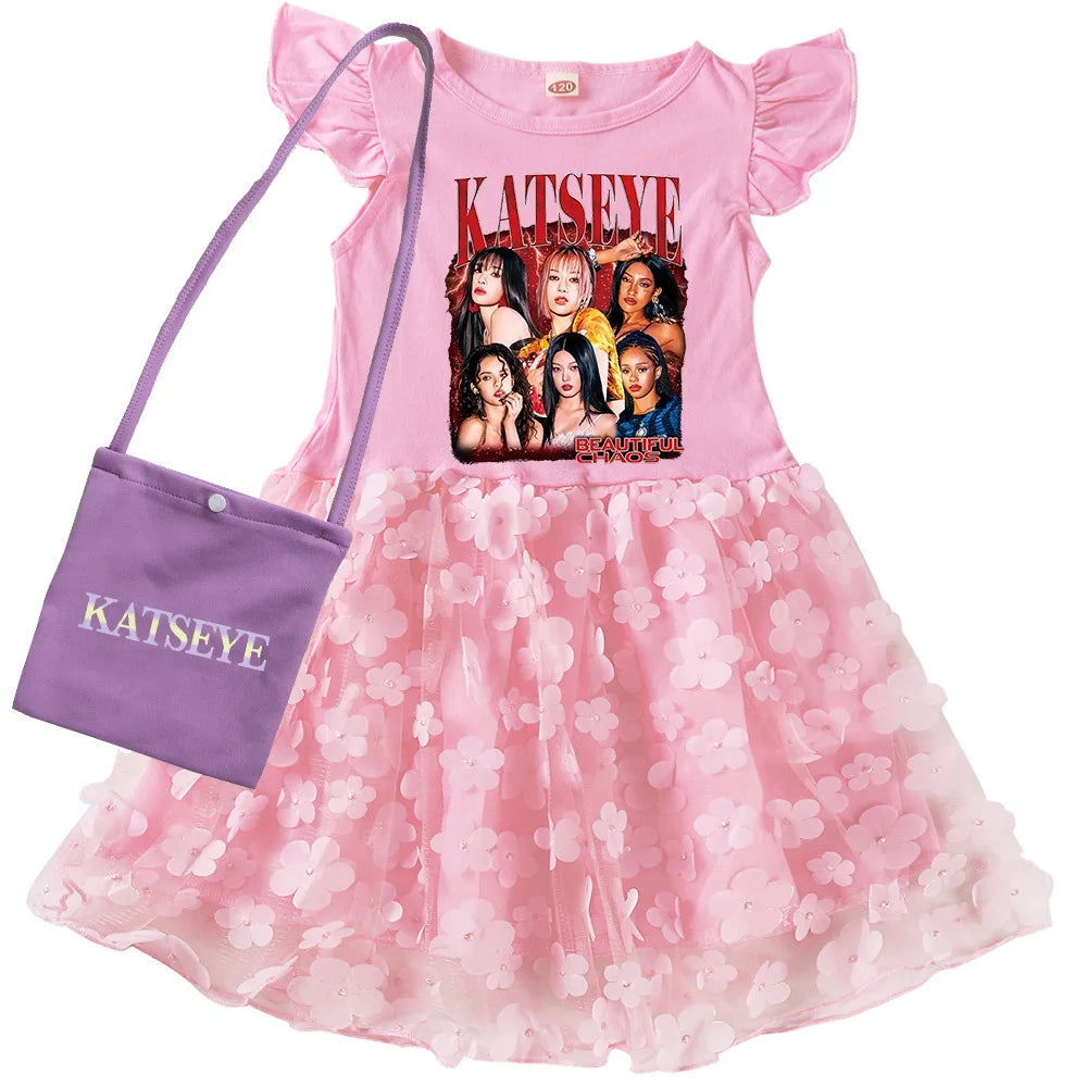 KATSEYE Kpop Clothes Kids Cartoon Summer Dress&bag Baby Girls Fly Sleeve Casual Dresses Girl Sequin Mesh Party Princess Vestidos