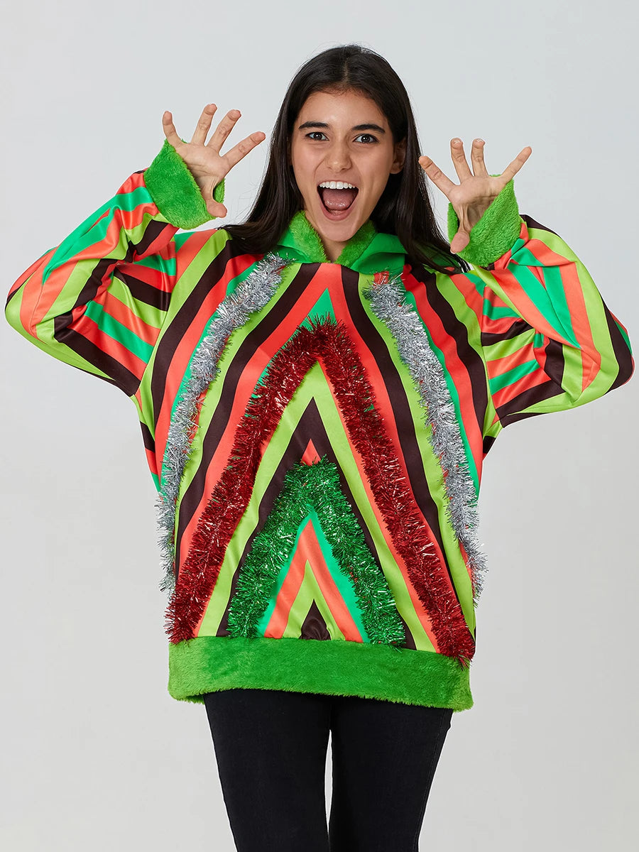 Women Men Christmas Hoodie Long Sleeve Tree Hooded Sweatshirt Contrast Color Cosplay Costume