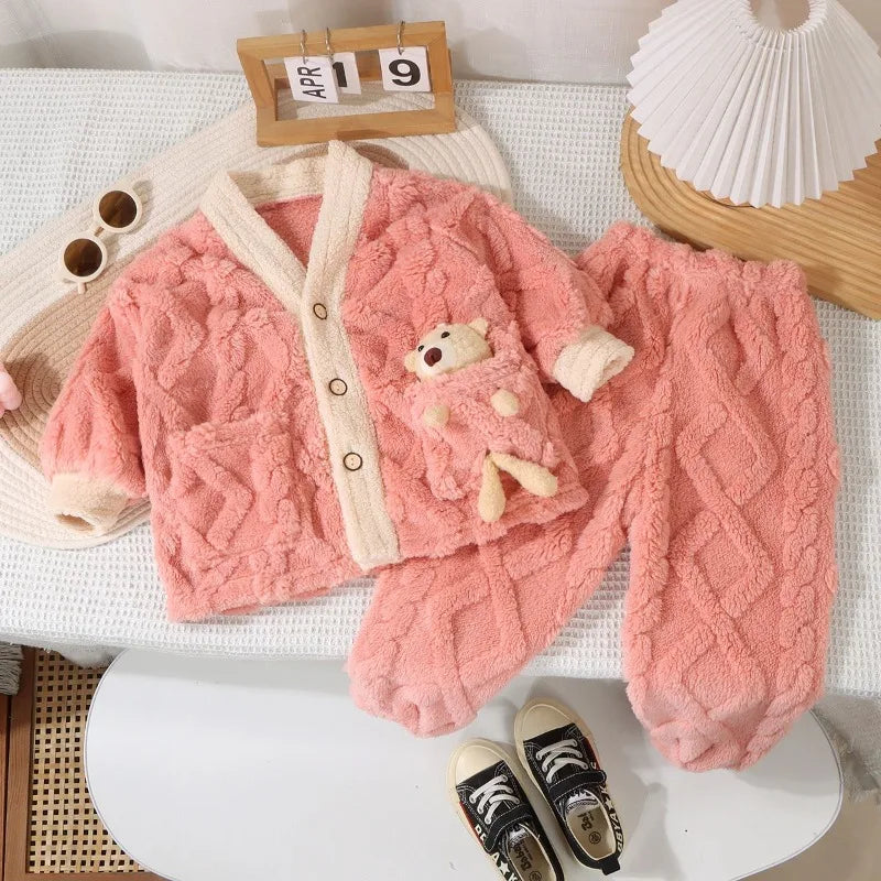 Boys and Girls Pajamas Pajamas Children's Fleece Thickened Coral Thermal Medium and Older Children's Loungewear Pajama Set
