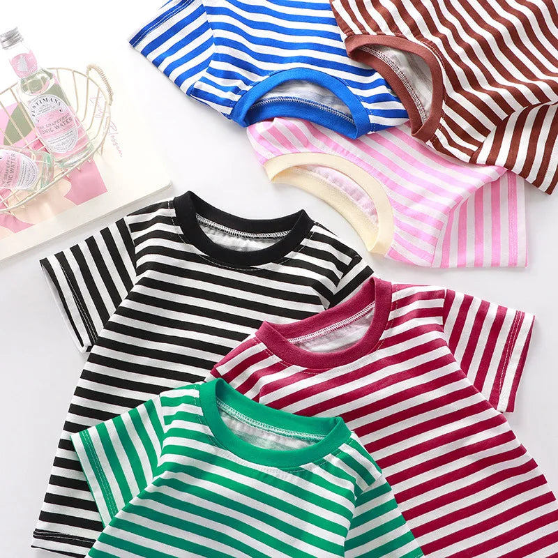 1pcs Kid 100% Cotton Short Sleeve T-shirt Summer Baby Comfortable Clothes Boys Girls Stripe Tee Children Breathable Leisure Tops