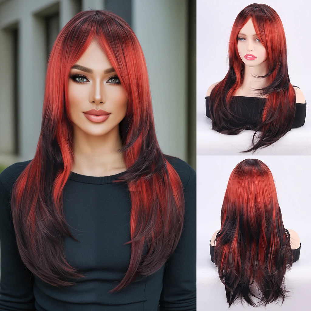 Wig for Women, Full Headpiece, Halloween Style, Middle Parting Bangs, Straight Hair Synthetic Fiber Wig