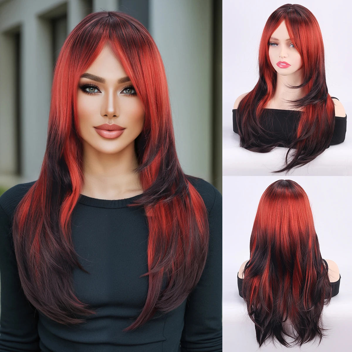 Wig for Women, Full Headpiece, Halloween Style, Middle Parting Bangs, Straight Hair Synthetic Fiber Wig