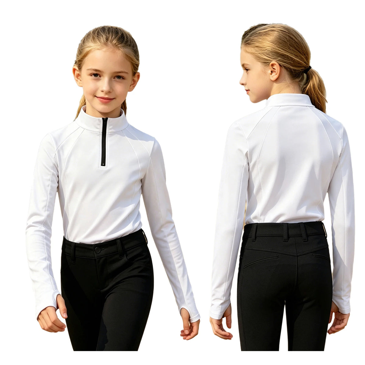 Kids Girls Horse Riding Sports Shirts Top Long Sleeve Buttons Contrast Color Shirt Equestrian Clothing Golf Workout Activewear