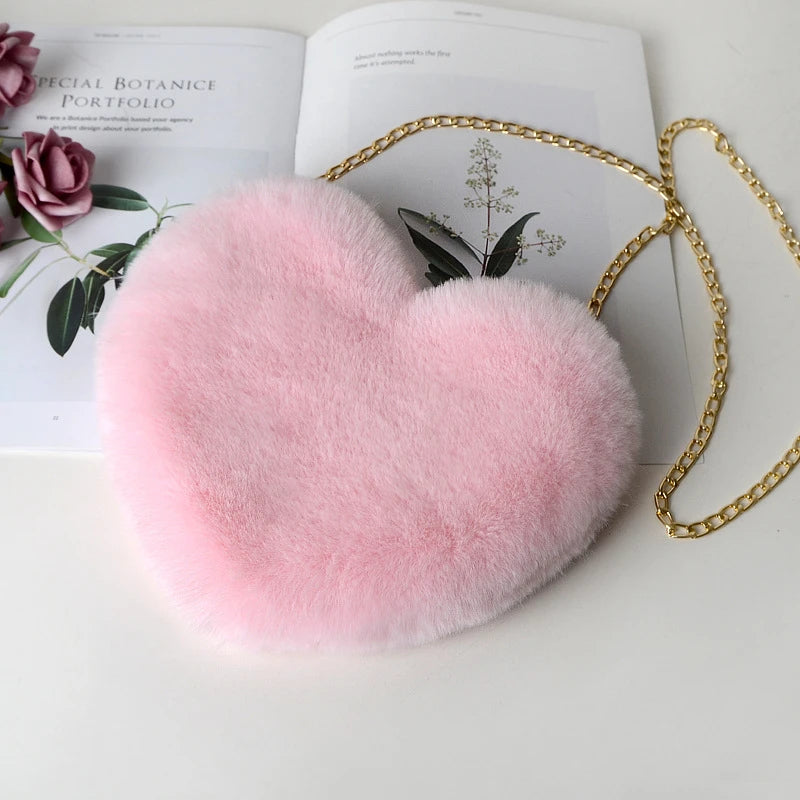 Fashion Women's Heart Shaped Handbags Cute Kawaii Faux Fur Crossbody Bags Wallet Purse Plush Chain Shoulder Bag Lady Handbag