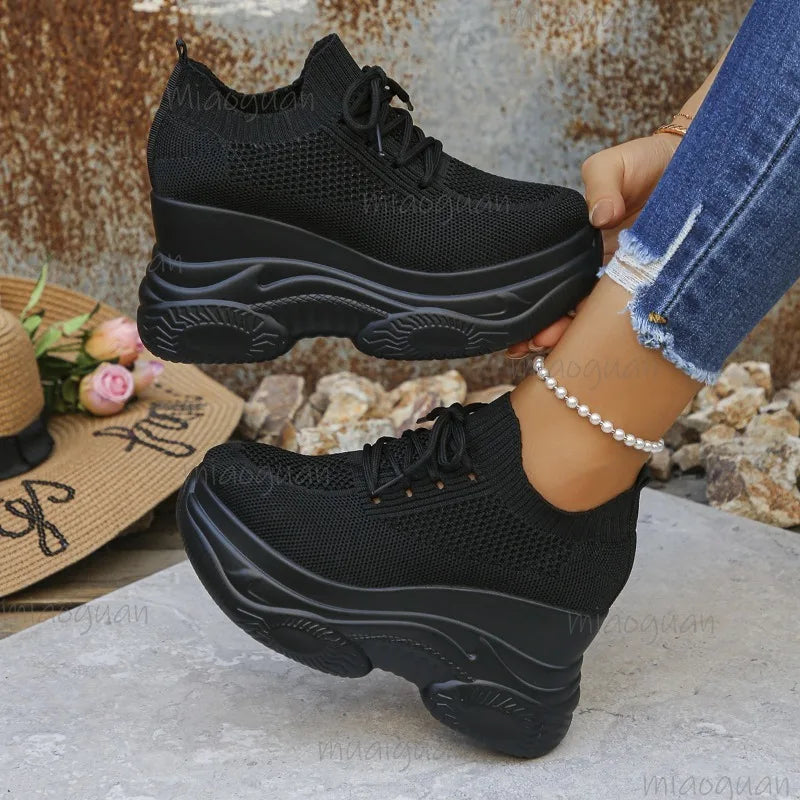 Black Knitted Wedges Heel Sneakers Women Spring Autumn Breathable Chunky Platform Sneakers Woman Slip on Mesh Sports Shoes 35-42