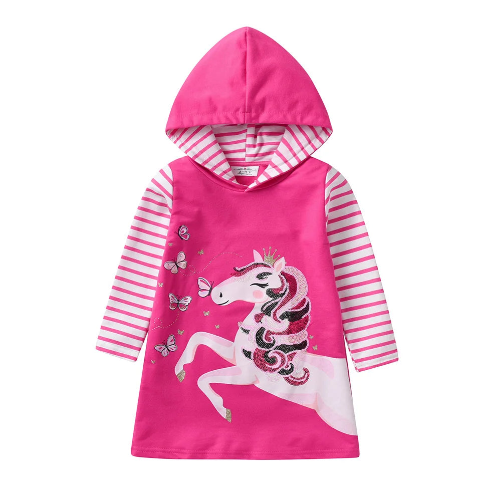 VIKITA Kids Cotton Casual Striped Straight Pink Dress Girls Licorne Butterfly Sequined Appliqued Hooded Dresses Kids Thick Dress