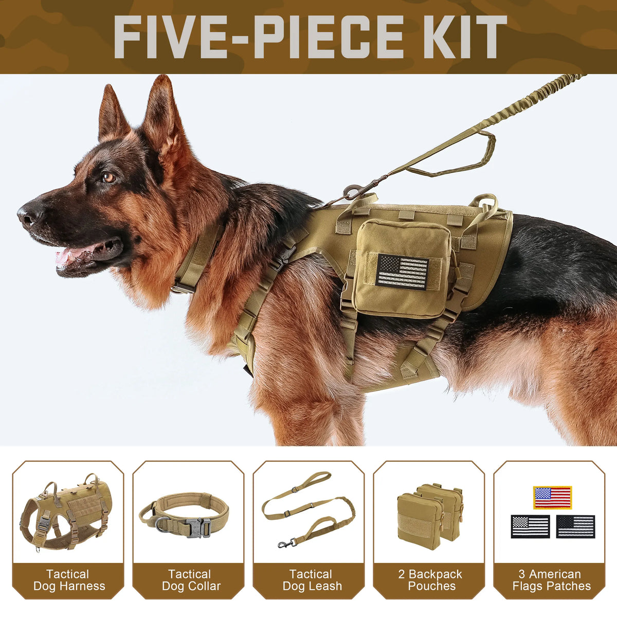 Military Tactical Dog Harness Collar Leash Set with Pouches Flags Durable Pet Harnesses Vest Collars Leashes for Dogs Training