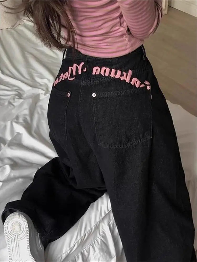 High Waist Bastitch Letter Print Denim Jeans Women's Summer New Sle Sweet Cool Spicy Girl Trendy Long Pants