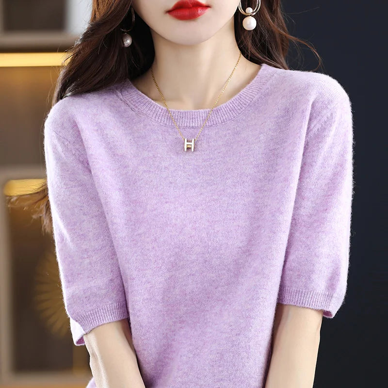 2025 New Spring Summer Women Sweater Short Sleeve O-Neck Pullover 100% Merino Wool Pure Color Knitted Jumper Female Clothing