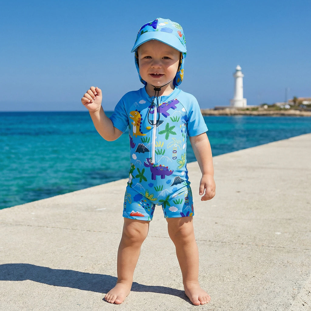 Toddler Boys Rash Guard Swimsuit Sea Animal/Tropical Plant Print Short Sleeves Mock Neck Zipper Romper Swimwear Cap Beachwear
