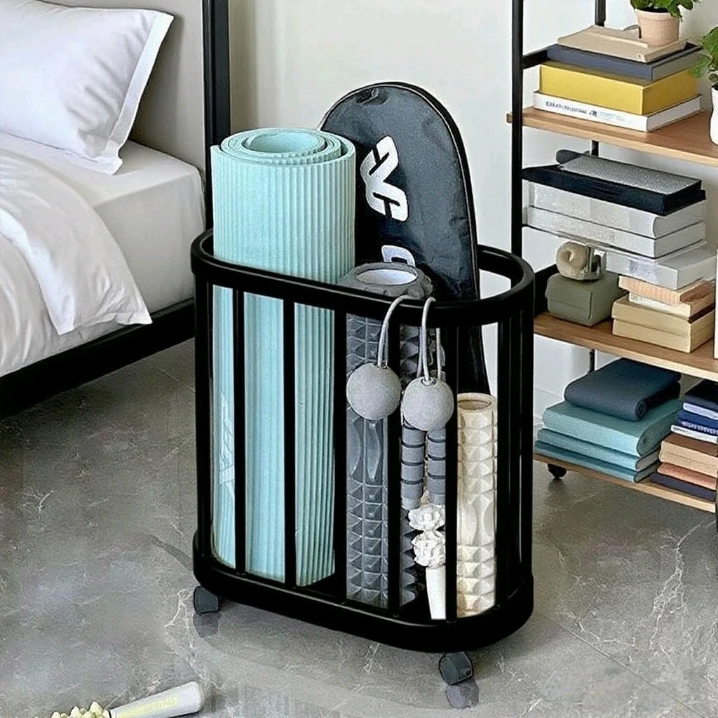 Multifunctional Wheeled Metal Sports Equipment Storage Rack - Modern Sports Equipment/Yoga Mat, Yoga Ball/Basketball, Soccer Ball, Volleyball/Badminton Racket Storage Rack, with Mesh Basket - Ideal Storage Solution for Home G