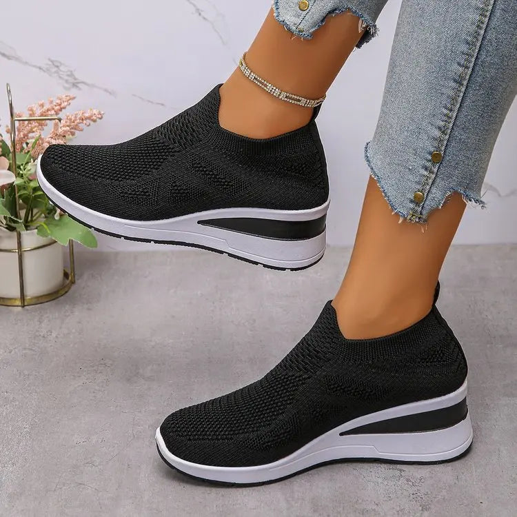 Women's Breathable Mesh Wedge Sneakers Slip-On High Heels Walking Shoes Non-Slip Comfortable for Casual Daily Wear