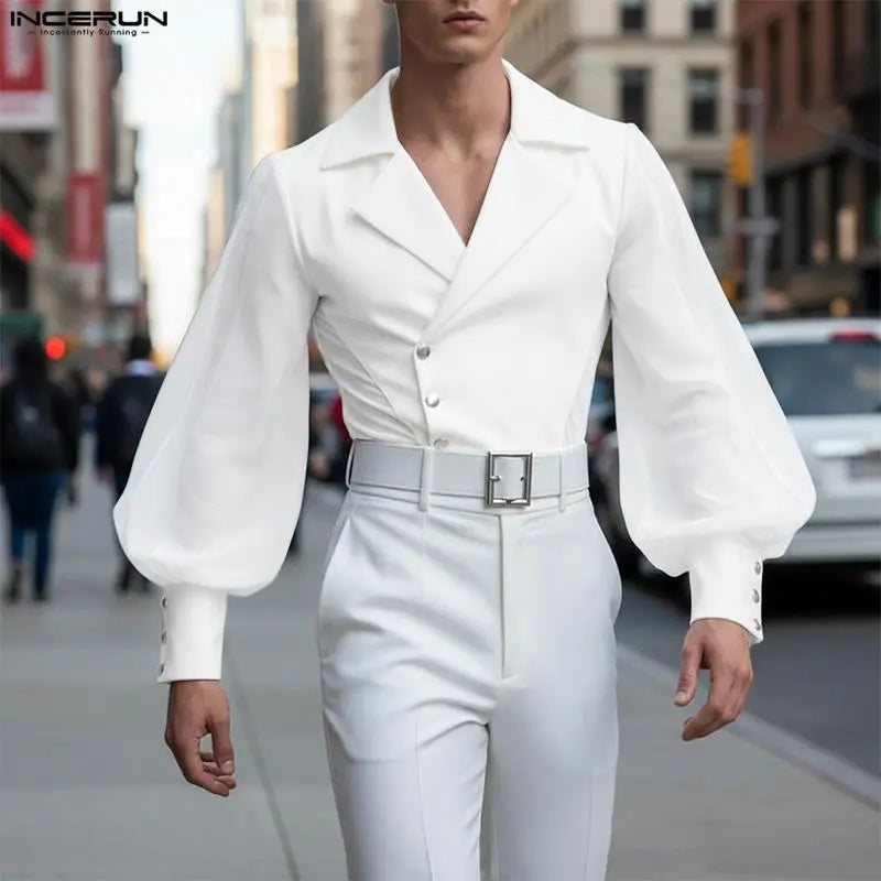 INCERUN Men Blazer Mesh Patchwork Lapel Long Sleeve See Through Male Suit Streetwear Sexy Button 2026 Fashion Casual Thin Coats