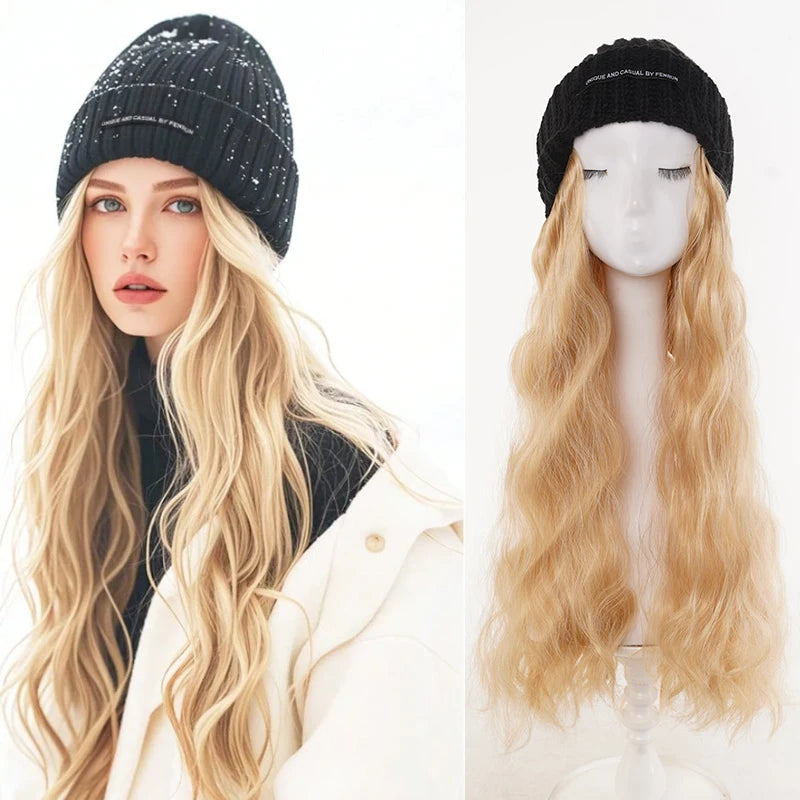 Synthetic Hat Wig for Women Girls, 22 Inch Long Wavy Integrated Wig with Black Knit Beanie Hat, Winter Daily Wear Hair Accessory