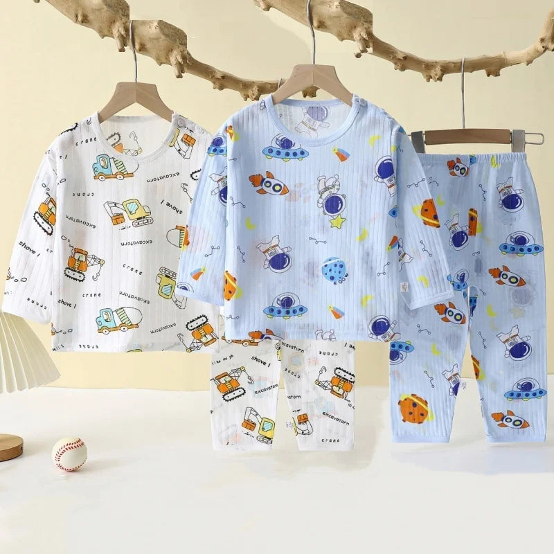 Boys Girls Baby Pajamas 2-Piece Set Kids Summer Breathable Soft Fabric Home Cute New Cartoon Rocket Spacecraft Car Sleepwear Set