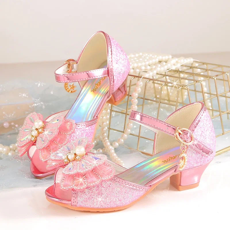 Children's Princess Wedding Party Shoes Summer New Girls Crystal Sandals Fashion Pearl Bowknot Baby Kids Performance High Heels
