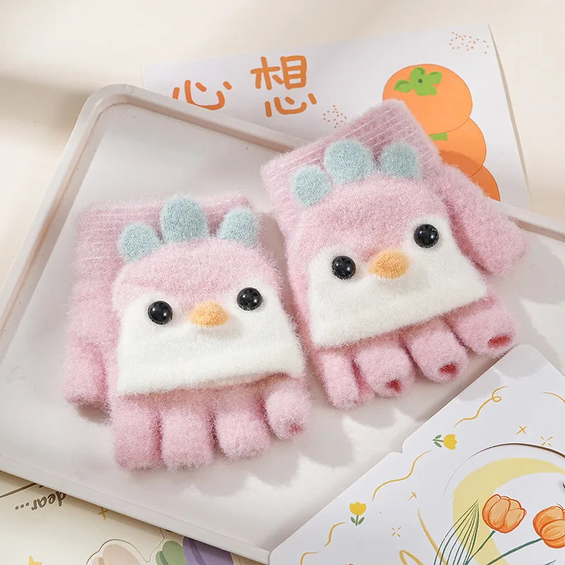 Children's Warm Gloves for Boys and Girls Cartoon Cute Half Finger Knitted Winter Flip Cover Baby Thick Cold Proof Five Fingers