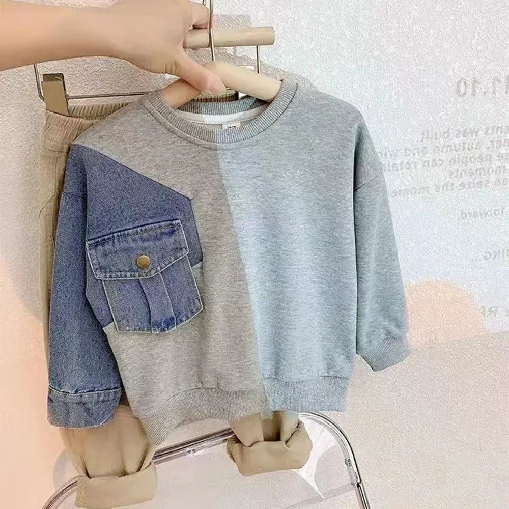Boys Denim Sweatshirt Kids Stitching Sleeved Loose Sweater Casual Hoodies 2025 Spring Autumn Children's Street Style Clothing