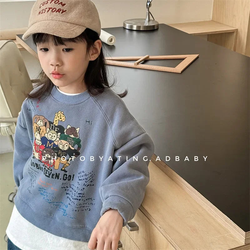 Kids Fleece Sweatshirt Winter Boys Girls Korean Style Warm Pullover Top Long Sleeve Toddler Baby Clothes Cotton Thick Unisex
