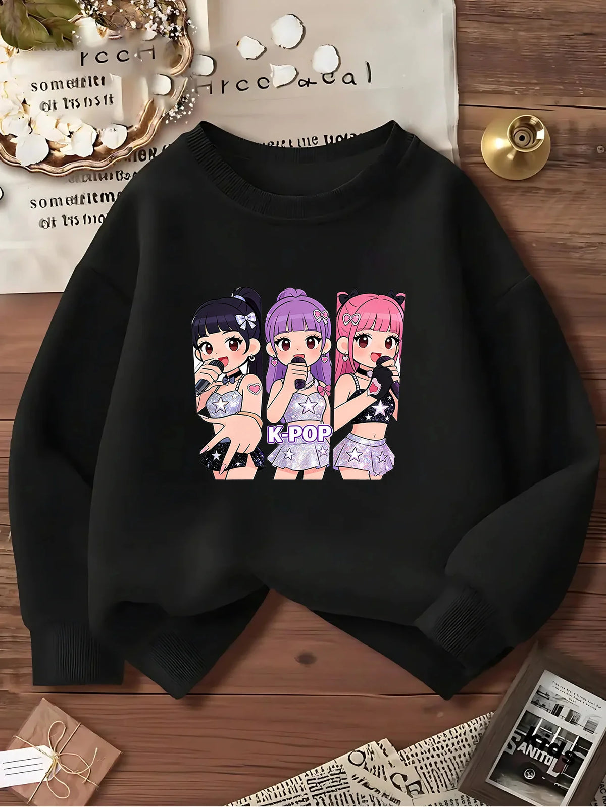 Sweet Cool Energetic Kids Sweatshirt with Trio Idol Print, Casual Versatile Tops for Girls in Spring and Autumn