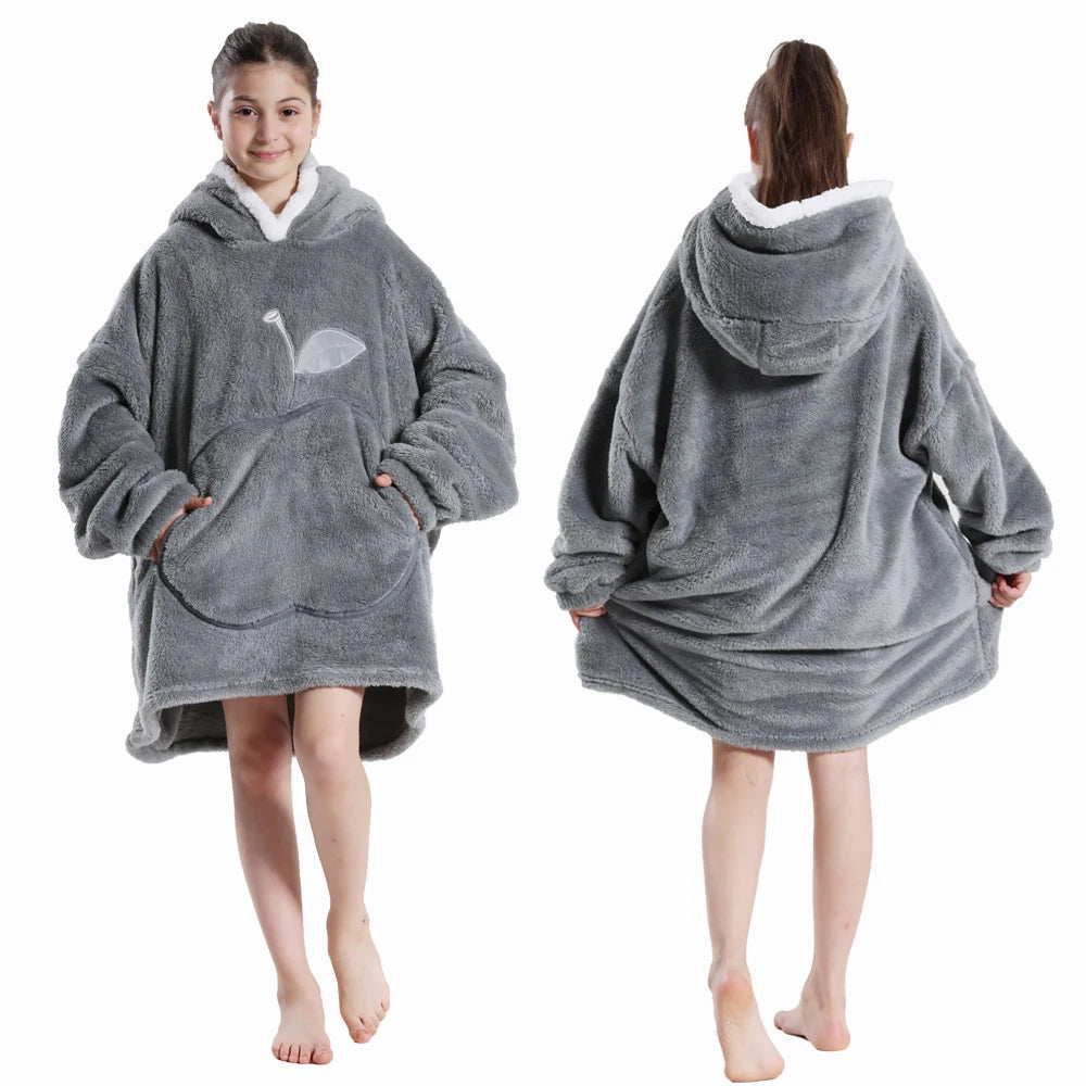 Winter Hoodies for Girls Boys Hooded Flannel Warm Sweatshirts Children's Wearable Blanket with Sleeves Kids 100-160cm Clothing
