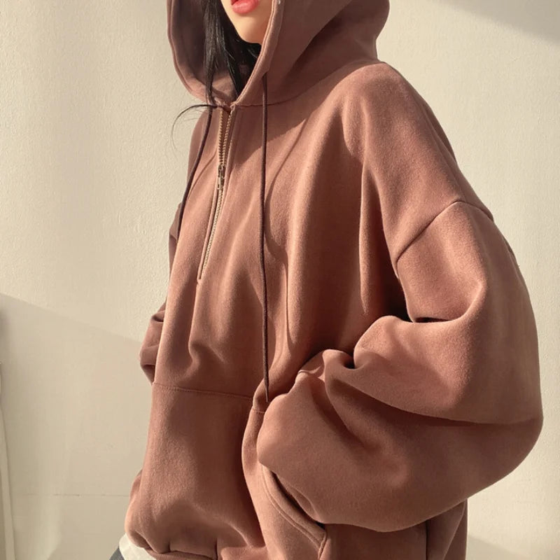 Women Hoodie Harajuku Loose Oversized Solid Color Top Half Zip Up Sweatshirt Female Casual Long Sleeve Pocket Hooded Coats 2025