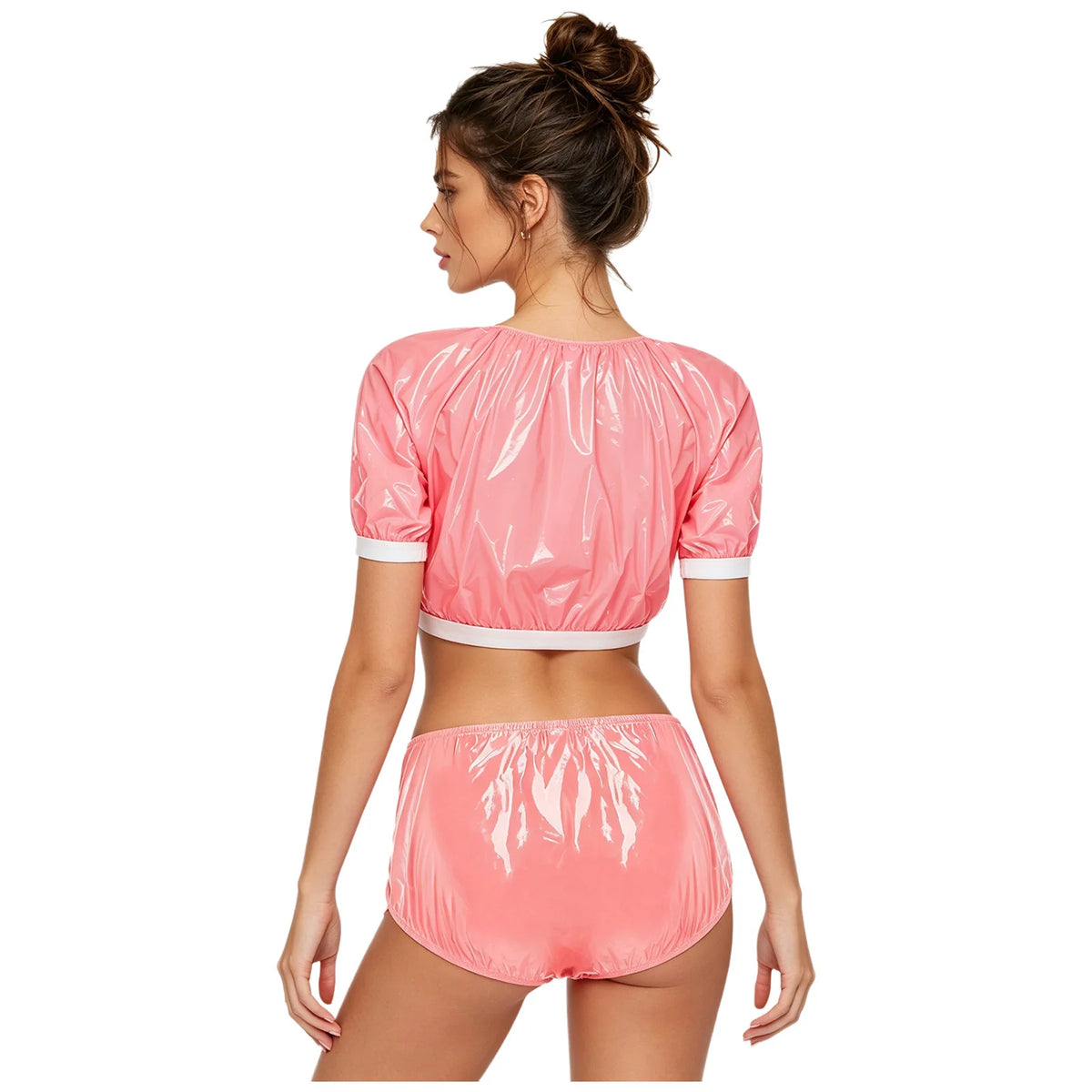 Womens Swim Sets Waterproof Vinyl Adaptive Swimwear Beachwear Outfits Short Sleeve Crop Top and Hook and Diaper Cover Shorts