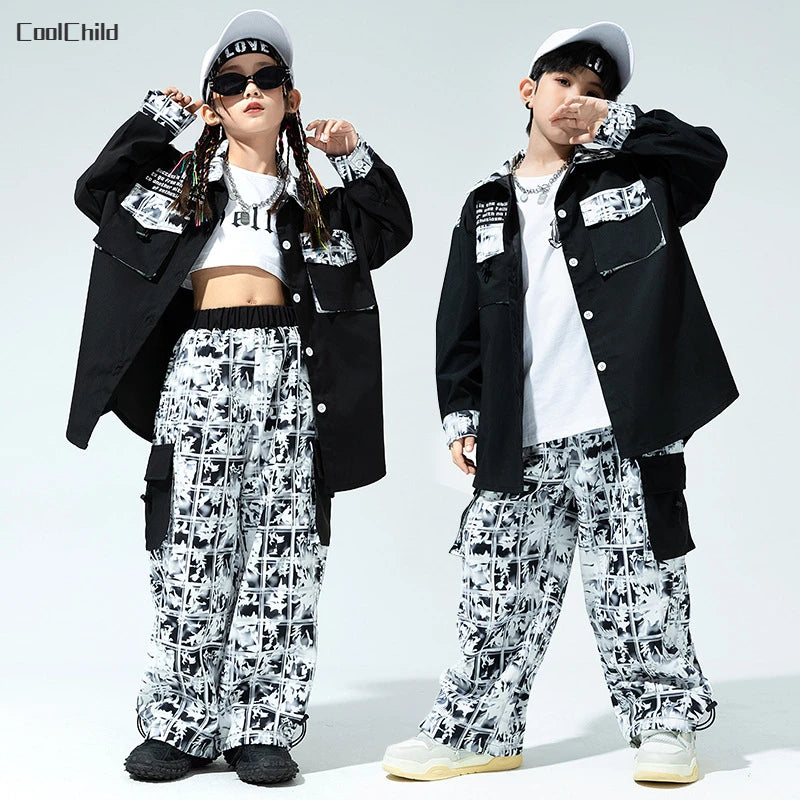 Hip Hop Girls Street Dance Jacket Contrast Cargo Pants Boys Shirt Joggers Clothes Set Kids Streetwear Child Jazz Costumes Outfit