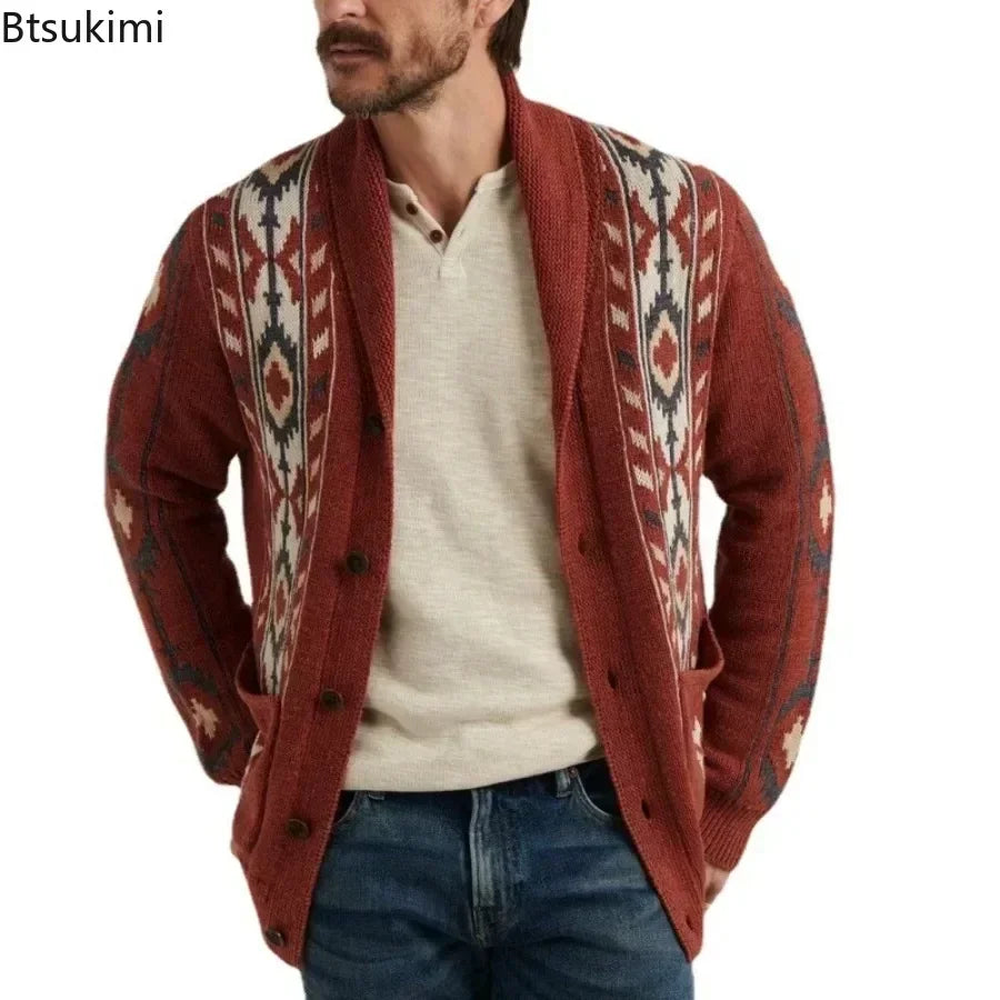 2026 Autumn/Winter Men's Sweaters Lapel Retro Jacquard Sweater Coats Man Knitted Cardigan Thicker Warm Sweater for Men's Jacket