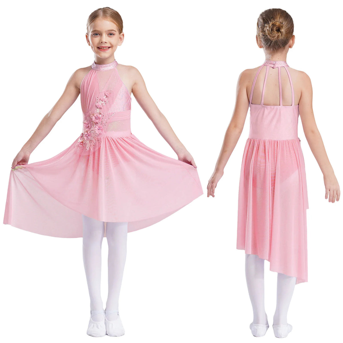 Kids Girls Ballet Lyrical Contemporary Dance Dresses Gymnastics Artistic Skating Costume Shiny Sparkly Rhinestones Tutu Dress