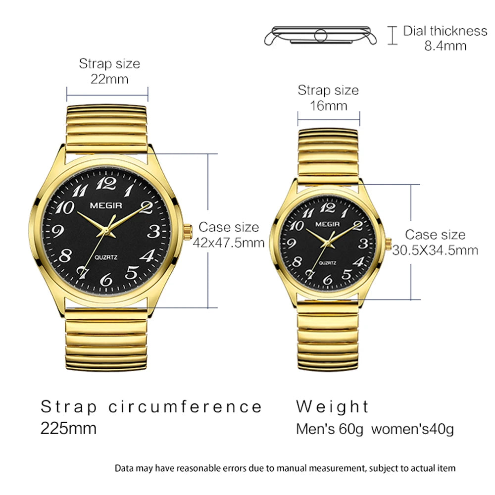 MEGIR Top Luxury Couple Watch for Men Women Golden Stainless Steel Quartz Wrist Watches Lovers Analog Wristwatch Waterproof