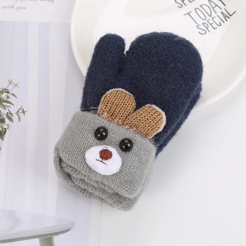 0-3 Year Old Children's Gloves Boys and Girls Cute Little Bear Cartoon Knitted Yarn Gloves Double-layer Thick Keep Warm Winter